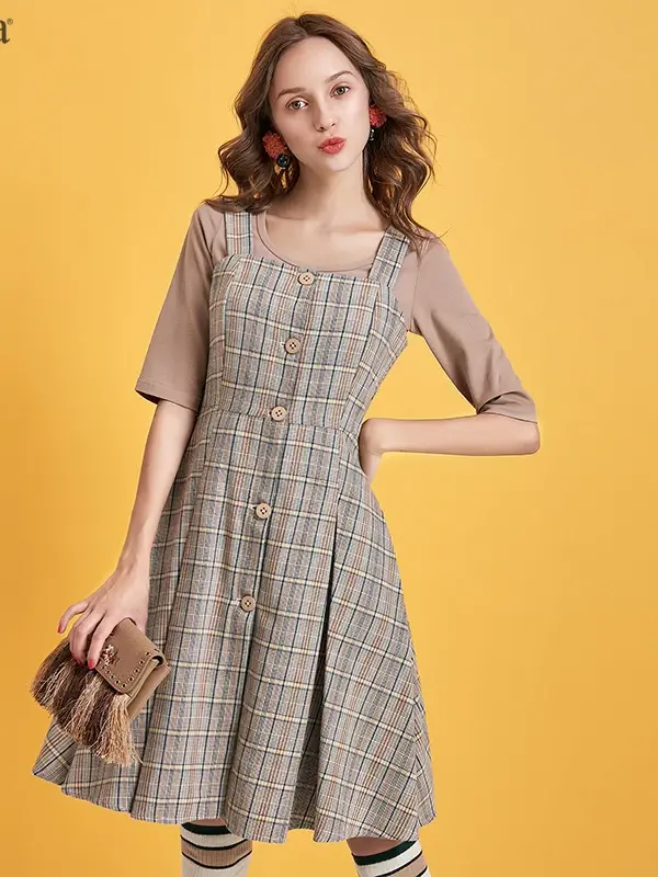 Square-Neck Plaid Button Front Dress