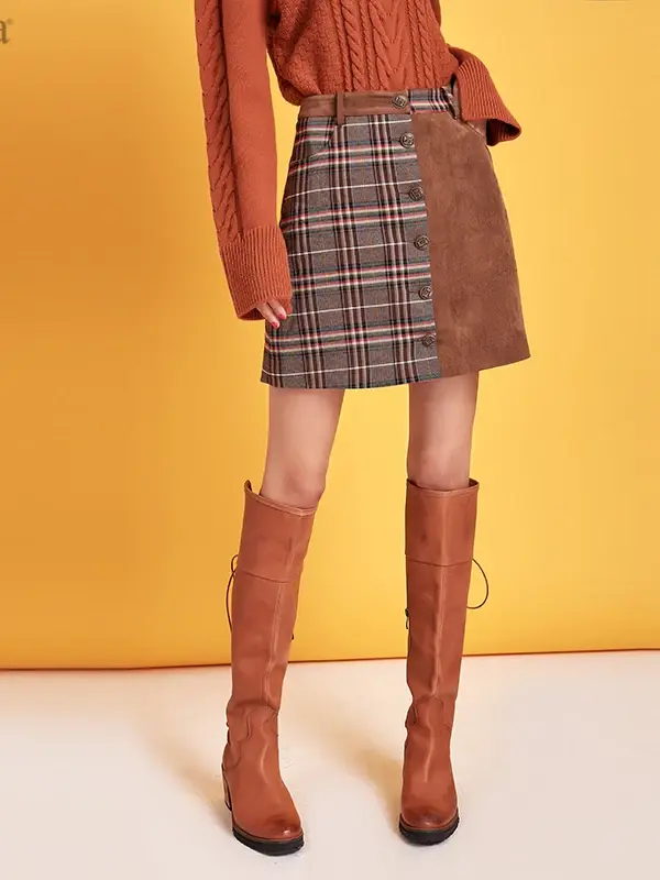 Plaid Patchwork Button-Front A-Line Skirt