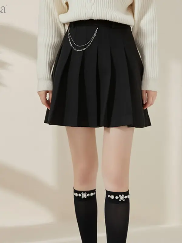 Chain-Detail Pleated A-Line Mini Skirt