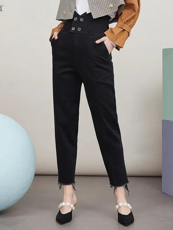 Double-Button High-Waist Straight Jeans