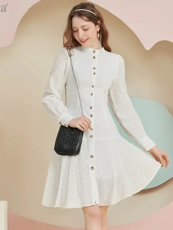 Broderie Anglaise Stand Collar Dress