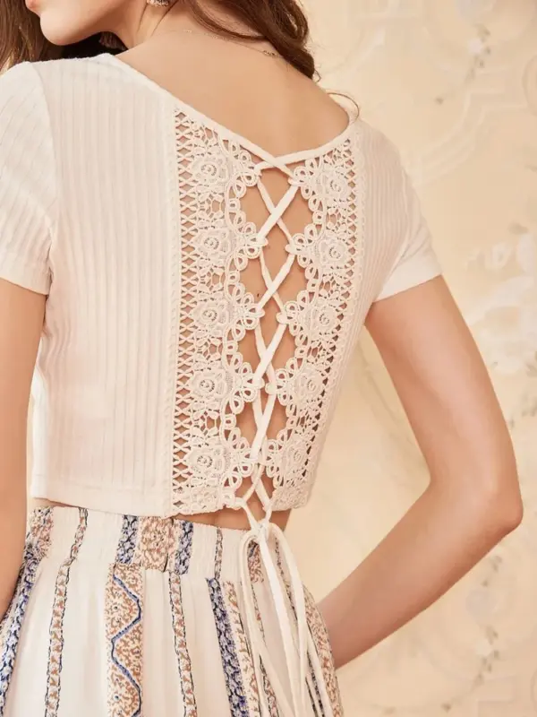Lace-Up Back Lace Panel Ribbed Knit Top