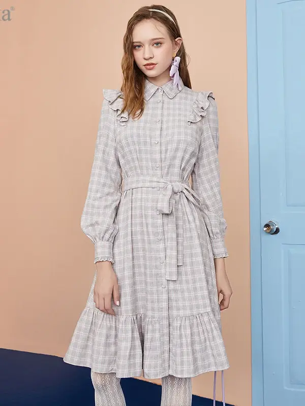 Plaid Ruffle Collar Belted Shirt Dress