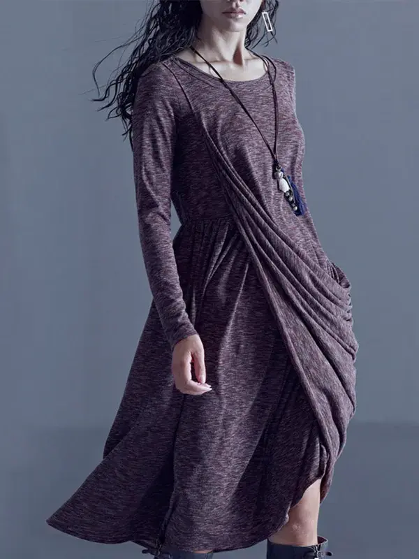 O-Neck Draped Long Sleeve Midi Dress
