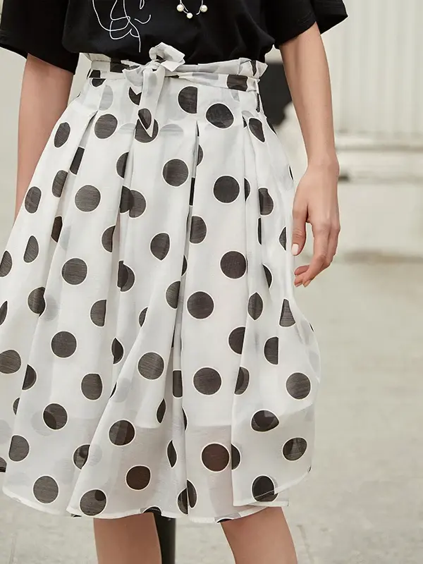 Polka Dot Tie-Waist A-Line Midi Skirt