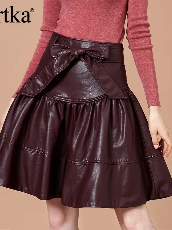 Bow-Waist Faux Leather Mini Skirt