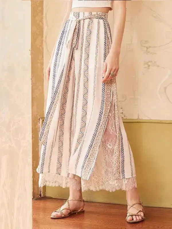 Lace-Trim Printed Wide-Leg Pants