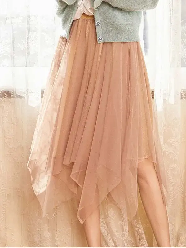 Pleated Asymmetrical Mesh Skirt