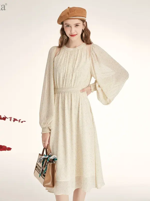Lace Trim Dot Print Lantern Sleeve Midi Dress