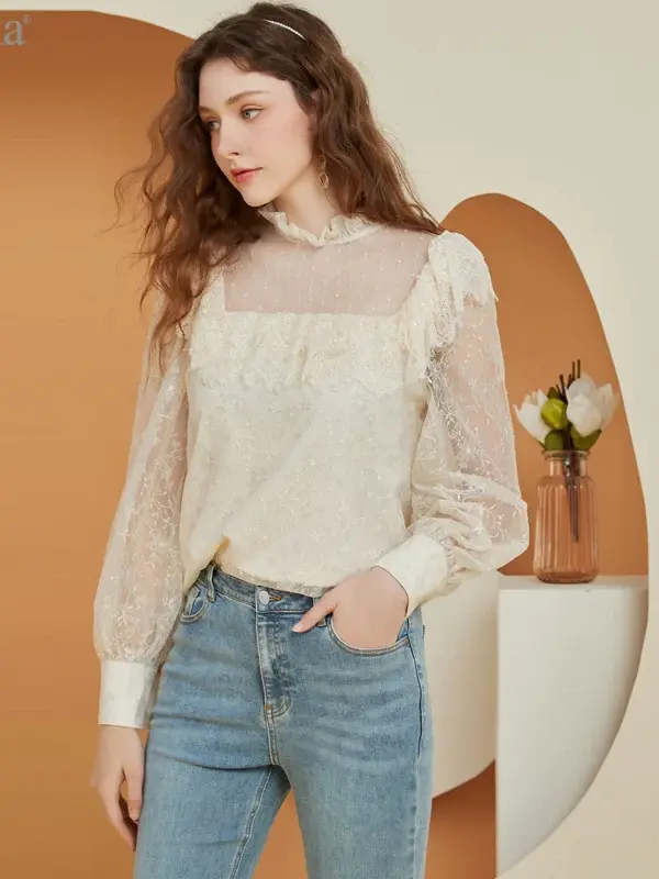 Lace Ruffle Neck Puff Sleeve Blouse