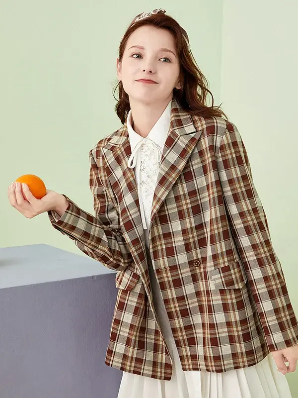 Plaid Double-Breasted Blazer and Pleated Skirt Set