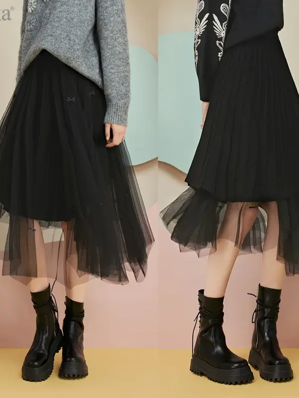Pleated Mesh Layered Midi Skirt