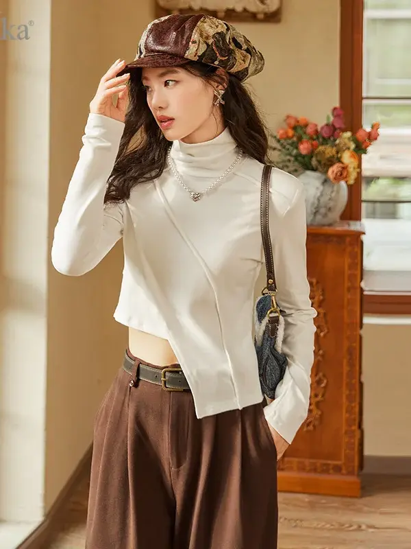 Asymmetrical Hem Turtleneck Long Sleeve Top