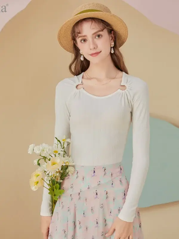 Gathered Cutout Neck Ribbed Long Sleeve Top