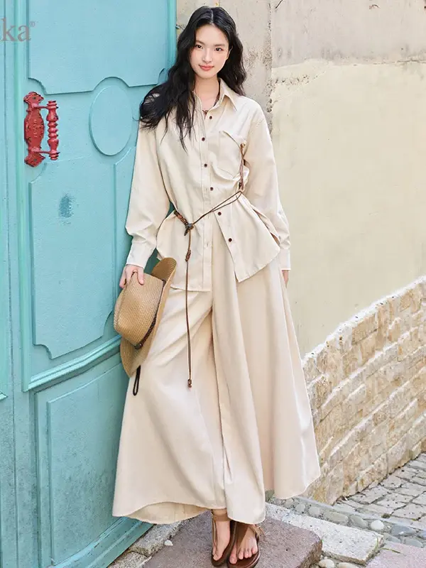Tie-Waist Shirt and Wide-Leg Pants Set