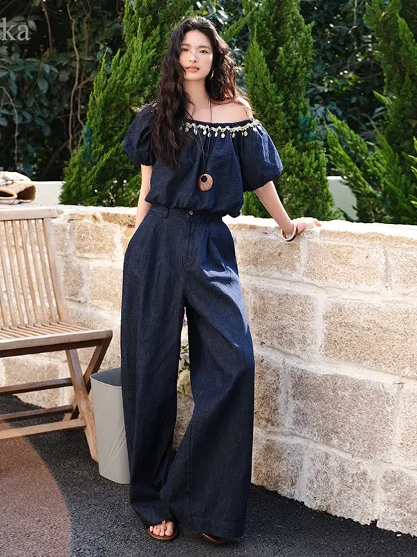 Beaded Off-Shoulder Top and Wide-Leg Pants Set