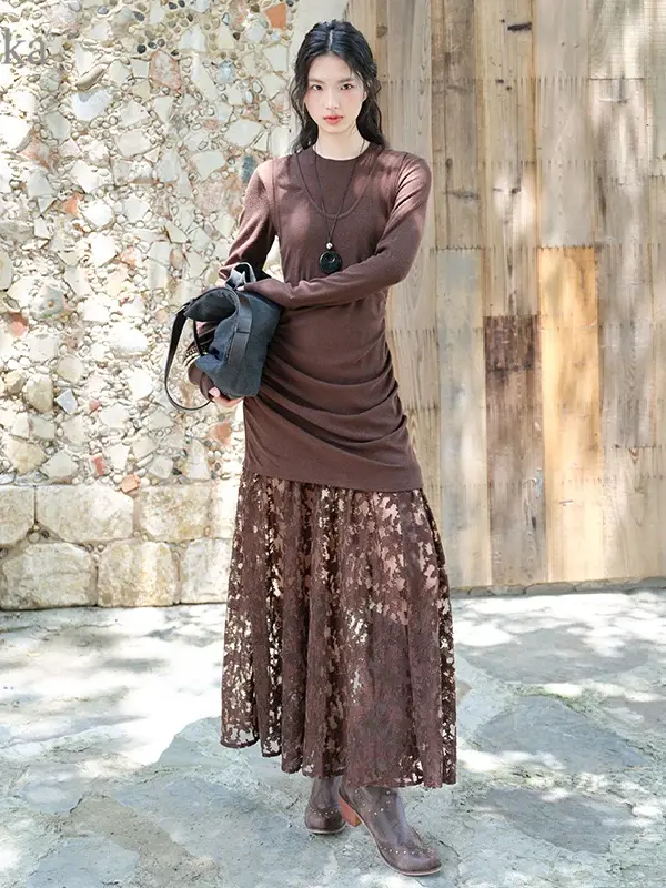 Layered Lace Panel Knit Dress