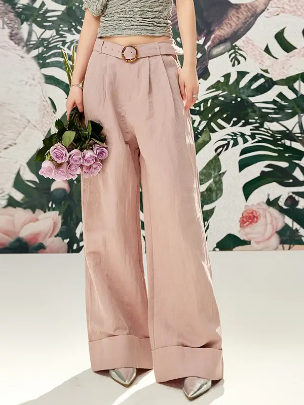 Belted High-Waist Wide-Leg Linen Blend Trousers
