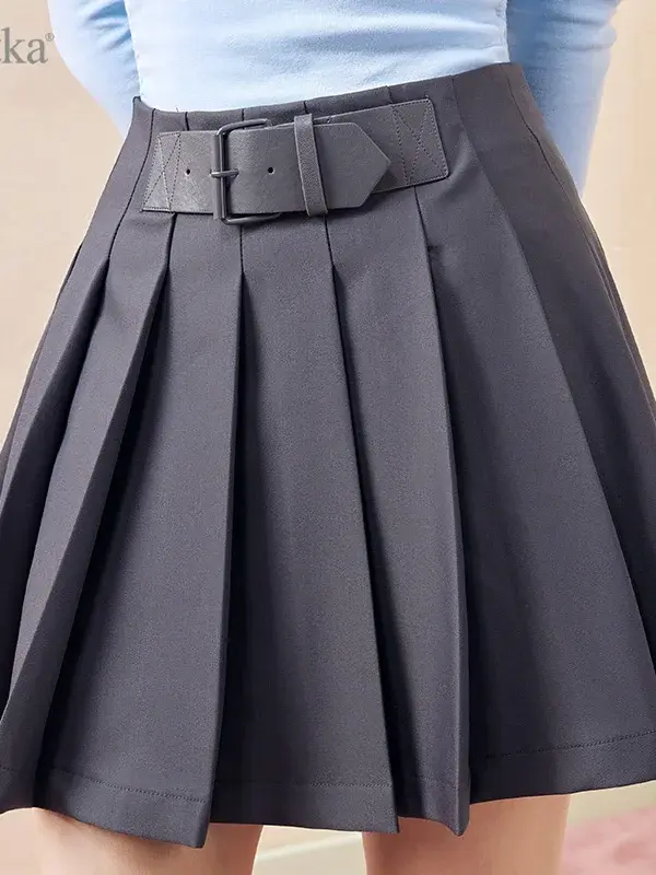 Belted Pleated A-Line Mini Skirt