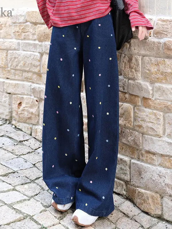 Scattered Floral Wide-Leg Denim Pants