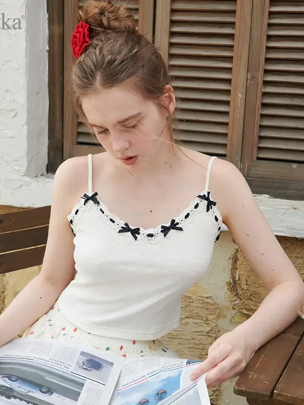 Lace-Trim Bow Detail Knit Camisole Top