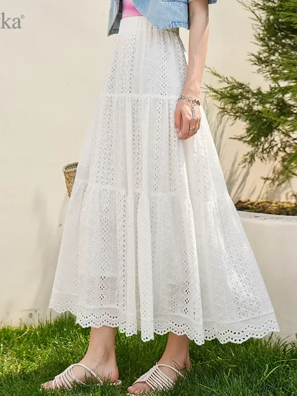 Eyelet Lace Tiered A-Line Skirt