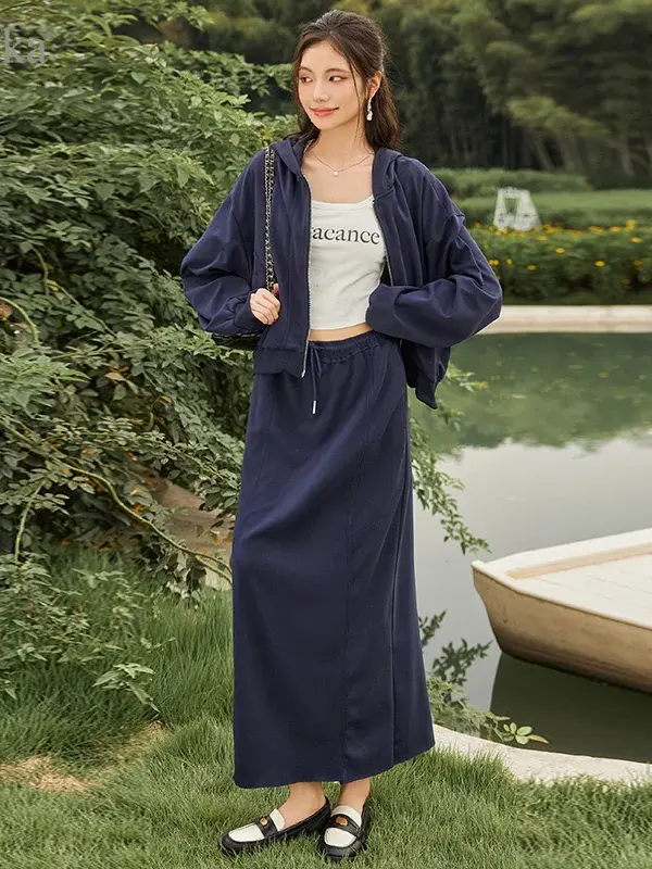 Hooded Zip-Up Straight Maxi Skirt Set