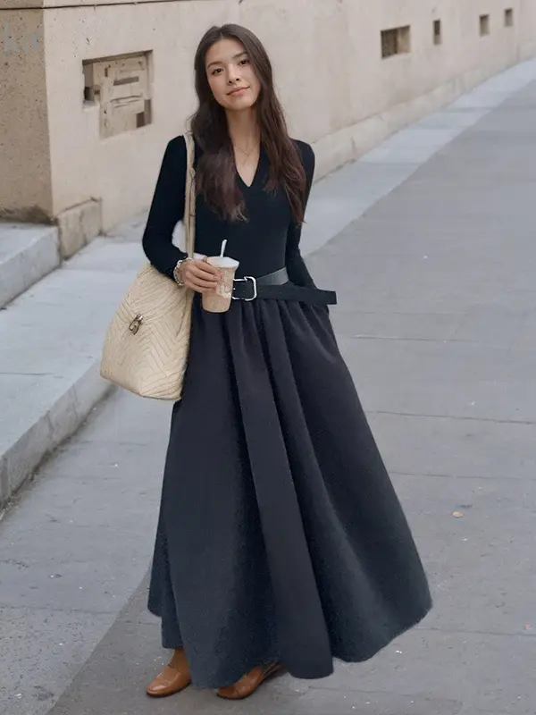 V-Neck Long Sleeve Belted Dress