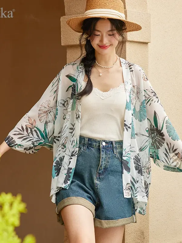 Floral Print Chiffon Kimono Blouse