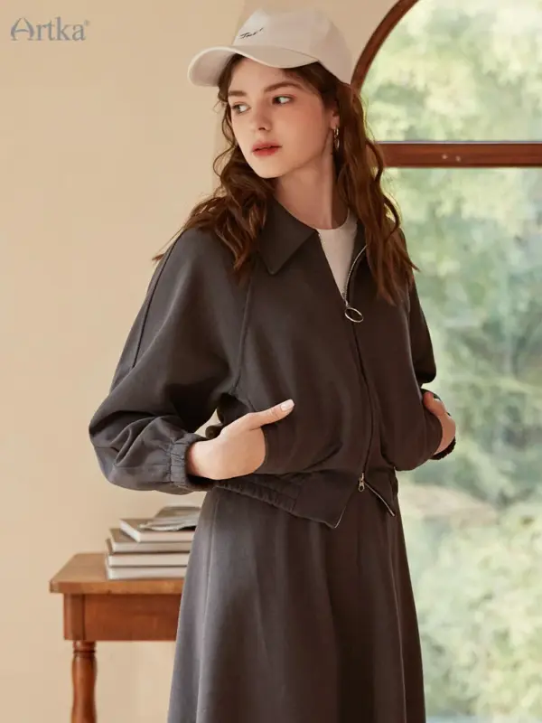 Collared Zip-Up Jacket and A-Line Midi Skirt Set