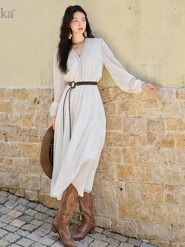 V-Neck Lace Trim Belted Midi Dress