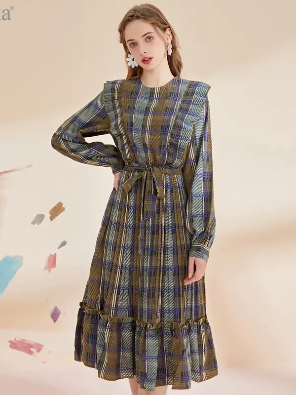 Plaid Ruffle Trim Belted Midi Dress