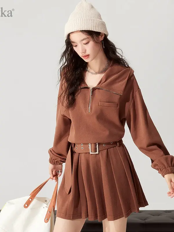 Belted Zip-Collar Mini Dress