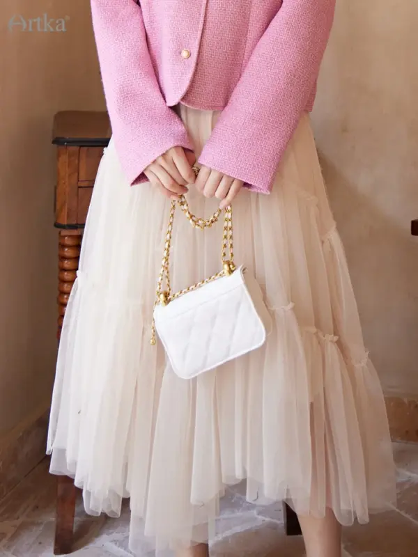 Tiered Mesh A-Line Midi Skirt
