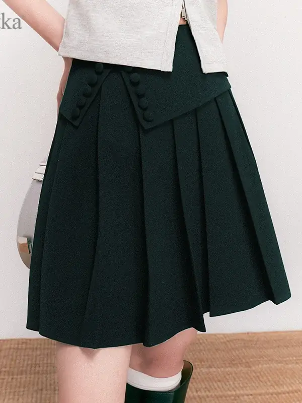 Pleated Button-Detail A-Line Skirt