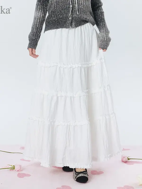 Crinkled Ruffle-Tiered A-Line Maxi Skirt