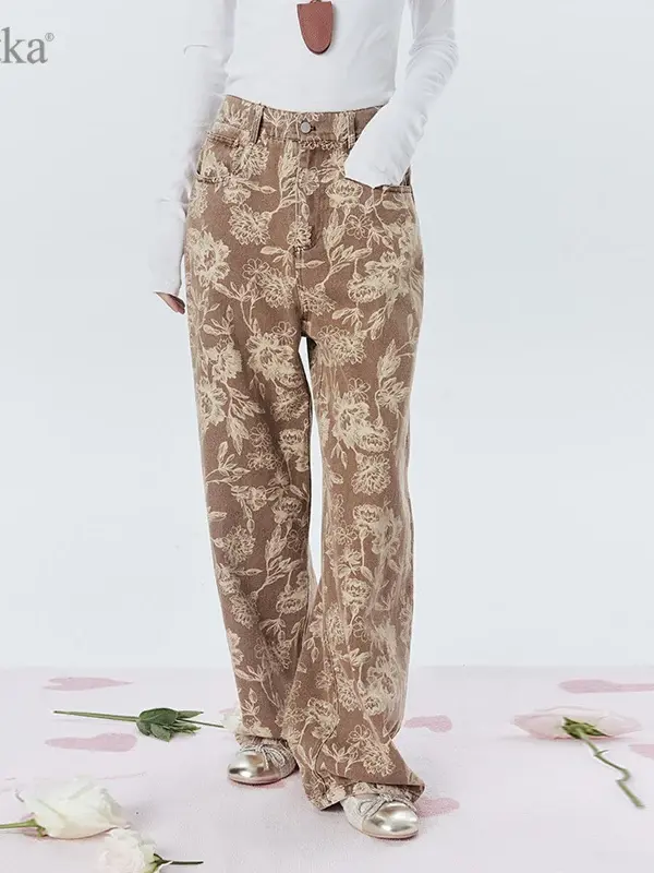 Floral Sketch Wide-Leg Denim Jeans